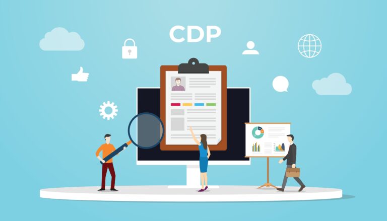 Illustration of Customer Data Platforms (CDPs) with people analyzing and discussing data on a digital clipboard.